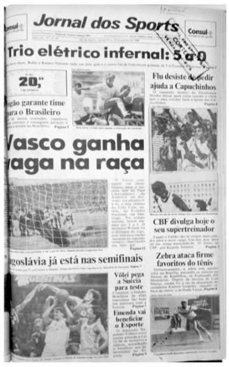 Capa do Jornal dos Sports - Vasco elimina o Colo Colo na Libertadores de 1990: Na foto da matéria o goleiro Acácio defende a cobrança de Espinosa